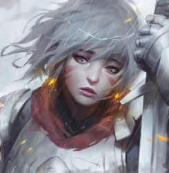 Rule 34 | 1girl, armor, blue eyes, breastplate, commentary, earrings, expressionless, facepaint, facial mark, gauntlets, glowing, grey hair, guweiz, hair between eyes, holding, holding sword, holding weapon, ilya kuvshinov (style), jewelry, lips, looking afar, nose, original, outdoors, parted lips, pink lips, rain, red scarf, scarf, short hair, solo, sword, teeth, unsheathed, upper body, water, weapon, whisker markings