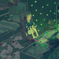 Rule 34 | 10s, 1girl, amazon (company), armchair, bed, book, chair, cube, desk, glasses, green theme, headphones, highres, indoors, keyboard, long hair, long sleeves, paper, persona, persona 5, routexx, sakura futaba, shirt, shorts, sitting, solo, spoon, star (symbol), striped, striped sleeves, tongue