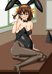 Rule 34 | 00s, 1girl, animal ears, arm support, bare shoulders, blush, bow, breasts, brown hair, cleavage, desk, detached collar, drain, fake animal ears, feet, hair bow, hairband, indoors, leotard, looking at viewer, naughty face, on desk, open mouth, pantyhose, playboy bunny, pregnant, pyramid (structure), rabbit ears, smile, solo, suzumiya haruhi, suzumiya haruhi no yuuutsu, wrist cuffs, yellow eyes