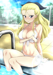 Rule 34 | 1girl, arm under breasts, assam (girls und panzer), bikini, blonde hair, blurry, blurry background, blush, breast hold, breasts, chain-link fence, cleavage, commentary request, day, depth of field, fence, girls und panzer, halterneck, highres, large breasts, lens flare, long hair, looking at viewer, nakahira guy, navel, outdoors, poolside, purple eyes, side-tie bikini bottom, sidelocks, soaking feet, solo, sweat, swimsuit, white bikini