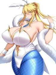 Rule 34 | 1girl, absurdres, animal ears, arind yudha, artoria pendragon (all), artoria pendragon (fate), artoria pendragon (swimsuit ruler) (fate), bare shoulders, black pantyhose, blonde hair, blue necktie, blush, breasts, cowboy shot, detached collar, fake animal ears, fake tail, fate/grand order, fate (series), feather boa, green eyes, hand up, highres, huge breasts, leotard, long hair, looking at viewer, navel, necktie, pantyhose, parted lips, playboy bunny, ponytail, rabbit ears, rabbit tail, simple background, solo, tail, thighs, white background, white leotard