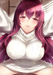 Rule 34 | bad id, bad pixiv id, blush, breasts, covered erect nipples, cow girl, dress, fate/grand order, fate (series), gainoob, girl on top, large breasts, leaning forward, light, long hair, looking at viewer, parted lips, pov, purple hair, red eyes, ribbed sweater, scathach (fate), smile, sweater, sweater dress, turtleneck, turtleneck sweater, wall, white sweater