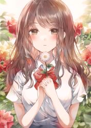 Rule 34 | 1girl, blush, bow, bowtie, brown eyes, brown hair, collared shirt, commentary request, flower, highres, holding, holding flower, long hair, looking at viewer, namamake, original, parted lips, red bow, red bowtie, red flower, red rose, rose, school uniform, shirt, short sleeves, solo, summer uniform, sunflower, swept bangs, upper body, white shirt