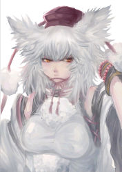 Rule 34 | 1girl, animal ears, bracelet, breasts, detached sleeves, female focus, hat, inubashiri momiji, jewelry, large breasts, panzer (p.z), short hair, solo, tokin hat, touhou, white background, white hair, wolf ears, yellow eyes