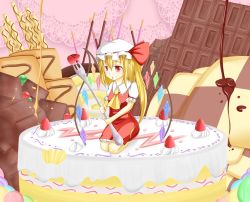 Rule 34 | 1girl, ass, blonde hair, blush, cake, chocolate, dress, flandre scarlet, flat chest, food, fork, fruit, highres, mini person, minigirl, open mouth, red eyes, roro (sghona10), tagme, touhou