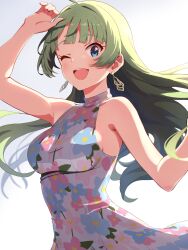 Rule 34 | absurdres, aqua eyes, dress, earrings, floral print, green hair, highres, idolmaster, idolmaster million live!, idolmaster million live! theater days, jewelry, long hair, looking at viewer, open mouth, shimabara elena, simple background, smile, what is dap