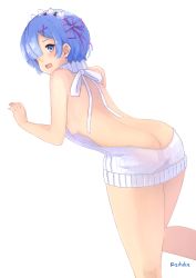Rule 34 | 10s, 1girl, 3:, arched back, artist name, ass, back, backless dress, backless outfit, bare back, bare shoulders, blue eyes, blue hair, blush, breasts, butt crack, d:, dress, dutch angle, hair ornament, hair over one eye, hair ribbon, halterneck, looking at viewer, looking back, maid headdress, medium breasts, meme attire, naked sweater, open mouth, purple ribbon, re:zero kara hajimeru isekai seikatsu, rem (re:zero), ribbed sweater, ribbon, rizihike, short hair, sideboob, signature, simple background, solo, sweater, sweater dress, thighs, turtleneck, turtleneck sweater, virgin killer sweater, white background, x hair ornament
