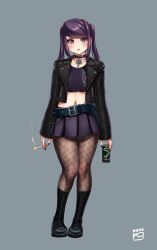Rule 34 | 1girl, black footwear, black jacket, black nails, boots, breasts, can, cigarette, crop top, cropped jacket, cross-laced footwear, energy drink, finalcake, fishnet pantyhose, fishnets, full body, goth fashion, highres, holding, holding can, holding cigarette, jacket, jill stingray, lace-up boots, leather, leather jacket, long hair, long sleeves, miniskirt, monster energy, nail polish, navel piercing, open clothes, open jacket, pantyhose, piercing, pleated skirt, purple hair, purple skirt, red eyes, sidelocks, skirt, small breasts, solo, twintails, va-11 hall-a