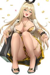 Rule 34 | 1girl, absurdres, animal print, bag, blonde hair, blush, bracelet, breasts, choker, cleavage, coin, commentary, double v, earrings, fang, feet, fingernails, goddess of victory: nikke, green eyes, hair ornament, hairclip, high heels, highres, jewelry, kurone rinka, large breasts, legs, leopard print, long hair, looking at viewer, nail polish, necklace, open mouth, open shoes, panties, ponytail, rupee (nikke), sandals, scrunchie, simple background, skirt, smile, solo, squatting, thigh strap, thighs, toenail polish, toenails, toes, underwear, v, wrist scrunchie