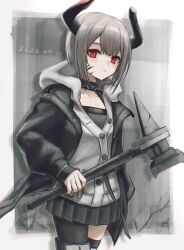 Rule 34 | 1girl, 3 (sanyako1), arknights, black jacket, black pantyhose, black skirt, black thighhighs, cardigan, closed mouth, cowboy shot, dated, detached collar, grey hair, hammer, highres, holding, holding hammer, holding weapon, hood, hood down, hooded cardigan, horns, infection monitor (arknights), jacket, long sleeves, looking at viewer, material growth, miniskirt, open clothes, open jacket, oripathy lesion (arknights), pantyhose, pleated skirt, red eyes, short hair, single leg pantyhose, single thighhigh, skirt, solo, thighhighs, vulcan (arknights), weapon, white cardigan