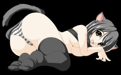 Rule 34 | 1girl, animal ears, ass, black hair, breasts, cat ears, cat tail, highres, panties, small breasts, solo, striped clothes, striped panties, tail, thighhighs, tonpuu, underboob, underwear, vector trace, wallpaper, yellow eyes