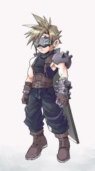 Rule 34 | 1boy, als8za, armor, baggy pants, bandaged arm, bandages, belt, blonde hair, blue pants, blue shirt, boots, brown footwear, brown gloves, buster sword, cloud strife, covered eyes, earrings, final fantasy, final fantasy vii, final fantasy vii remake, full body, gloves, hair between eyes, headset, highres, jewelry, male focus, multiple belts, muscular, muscular male, pants, shirt, short hair, shoulder armor, single bare shoulder, single earring, sleeveless, sleeveless turtleneck, solo, spiked hair, suspenders, turtleneck, virtual reality, weapon, weapon on back