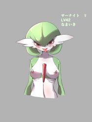 Rule 34 | 1girl, abura-kou, arms at sides, blush, bob cut, breasts, character name, colored skin, creatures (company), cropped torso, female focus, forked tongue, game freak, gardevoir, gen 3 pokemon, green hair, green skin, grey background, hair over one eye, happy, japanese text, looking at viewer, medium breasts, multicolored skin, nintendo, nipple clamps, nipples, one eye covered, open mouth, piercing, pokemon, pokemon (creature), red eyes, ribs, short hair, simple background, smile, solo, straight-on, tongue, tongue out, tongue piercing, translation request, two-tone skin, upper body, venus symbol, white skin