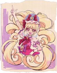 Rule 34 | 1girl, :d, aisaki emiru, blonde hair, commentary request, cure macherie, dress, earrings, eyebrows hidden by hair, eyelashes, eyeshadow, frills, gloves, hair ornament, happy, heart pouch, hugtto! precure, jewelry, kamikita futago, looking at viewer, makeup, open mouth, pink dress, pom pom (clothes), pom pom earrings, precure, puffy short sleeves, puffy sleeves, short sleeves, smile, solo, standing, twintails, white gloves