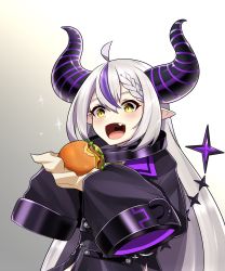 Rule 34 | 1girl, ahoge, altronage, black jacket, braid, burger, demon girl, eating, fang, food, highres, hololive, holox, horns, jacket, la+ darknesss, long hair, multicolored hair, oversized clothes, pointy ears, sparkle, streaked hair, striped horns, virtual youtuber, white hair, yellow eyes
