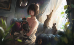 Rule 34 | 1girl, animal, animal on lap, bare shoulders, blurry, blurry foreground, brown eyes, brown hair, cat, closed mouth, couch, curtains, day, dress, g-tz, hair ornament, highres, holding, indoors, jewelry, lips, looking at viewer, necklace, on lap, original, painting (object), short hair, sitting, solo, white dress, window