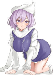 Rule 34 | 1girl, absurdres, all fours, bare legs, blush, breasts, highres, kuraki, large breasts, letty whiterock, long sleeves, looking at viewer, purple eyes, purple hair, scarf, shirt, simple background, smile, solo, touhou, white background, white scarf, white shirt