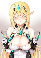 Rule 34 | 1girl, bare shoulders, blonde hair, breasts, cleavage, cleavage cutout, closed eyes, clothing cutout, commentary request, covered erect nipples, daive, dress, earrings, elbow gloves, gloves, gradient background, grey background, heart, highres, incoming kiss, jewelry, large breasts, long hair, mythra (xenoblade), nintendo, solo, swept bangs, tiara, very long hair, white background, white dress, white gloves, xenoblade chronicles (series), xenoblade chronicles 2, yellow eyes