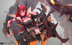 Rule 34 | 1girl, arknights, bare shoulders, black pantyhose, blue eyes, breasts, chest belt, cleavage, demon girl, demon horns, dm (dai miao), feet, highres, horns, huge breasts, long hair, looking at viewer, lava, no shoes, pantyhose, red hair, soles, surtr (arknights), thighhighs, thighs