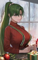 Rule 34 | 1girl, arms on table, breasts, christmas, christmas ornaments, christmas present, closed mouth, coffee, coffee cup, counter, cup, disposable cup, earrings, female focus, fire emblem, fire emblem: the blazing blade, forest, gift, green eyes, green hair, hair ribbon, highres, holding, holding cup, indoors, j@ck, jewelry, large breasts, long hair, looking at viewer, lyn (fire emblem), matching hair/eyes, nature, nintendo, ponytail, red sweater, ribbed sweater, ribbon, smile, snowing, solo, steam, suspenders, sweater, tray, turtleneck, turtleneck sweater, upper body, very long hair, window