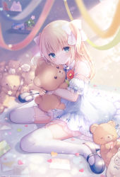 Rule 34 | 1girl, black footwear, blonde hair, blue eyes, blush, commentary request, hugging doll, dress, emori el, full body, garter straps, hair ribbon, indoors, japanese clothes, kon hoshiro, letter, liver city, long hair, looking at viewer, hugging object, on bed, ribbon, shoes, short sleeves, solo, strap slip, stuffed animal, stuffed toy, teddy bear, thighhighs, two side up, white dress, white ribbon, white thighhighs