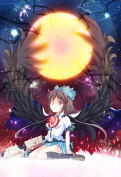 Rule 34 | 1girl, arm cannon, black wings, bow, brown hair, cape, damaged, energy ball, female focus, glowing, hair bow, highres, large wings, radiation symbol, red eyes, reiuji utsuho, shirt, sitting, skirt, solo, space, symbol-shaped pupils, third eye, torn clothes, touhou, tri, wariza, weapon, wings