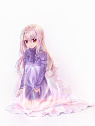 Rule 34 | 1girl, bare legs, barefoot, brown eyes, closed mouth, dress, fate/stay night, fate (series), full body, highres, illyasviel von einzbern, kneeling, long hair, long sleeves, purple dress, see-through, short dress, silver hair, simple background, smile, solo, straight hair, very long hair, white background, yu (flowerbird3830)