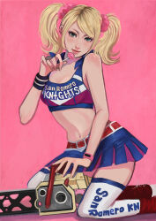 Rule 34 | 1girl, belt, blonde hair, blue eyes, candy, chainsaw, cheerleader, closed mouth, crop top, eyelashes, feet out of frame, fingernails, food, hair ornament, hair scrunchie, highres, holding, holding candy, holding food, holding lollipop, juliet starling, kneeling, lipgloss, lollipop, lollipop chainsaw, midriff, pink background, red belt, scrunchie, shuu (272100), skirt, smile, solo, thighhighs, twintails, watch, white thighhighs, wristband, wristwatch