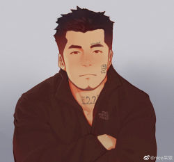 Rule 34 | 1boy, artist name, black eyes, black hair, collared shirt, crossed arms, dailang12345, facial hair, facial tattoo, highres, looking at viewer, male focus, mature male, neck tattoo, original, shirt, short hair, signature, simple background, solo, stubble, tattoo, white background