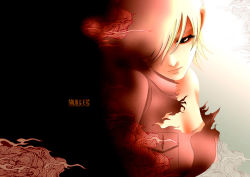 Rule 34 | 1girl, blonde hair, breasts, cleavage, female focus, gradient background, hellsing, red eyes, seras victoria, solid&amp;etc, solo, torn clothes