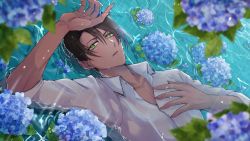 Rule 34 | 1boy, absurdres, afloat, aragami oga, brown hair, collared shirt, dark-skinned male, dark skin, depth charge, earrings, flower, flower on liquid, green eyes, hand on own chest, hand on own forehead, highres, holostars, horn ornament, horns, hydrangea, ice horns, jewelry, looking at viewer, male focus, open collar, parted lips, rain, sasago335, sharp teeth, shirt, short hair, single horn, sleeves rolled up, solo, teeth, upper body, upper teeth only, virtual youtuber, water drop, wet, wet clothes, wet shirt, white shirt