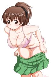 Rule 34 | 1girl, black ribbon, blush, bra, breasts, brown eyes, brown hair, cleavage, clothes pull, commentary, girls und panzer, green skirt, hair ribbon, koyama yuzu, large breasts, leaning forward, long hair, medium hair, miniskirt, no shirt, one-hour drawing challenge, panties, parted lips, pink bra, pink panties, pleated skirt, ponytail, pulled by self, ribbon, short ponytail, simple background, skindentation, skirt, skirt pull, solo, standing, thigh gap, twitter username, underwear, undressing, white background, yts takana