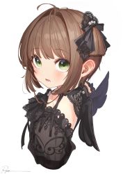 Rule 34 | 1girl, blush, brown hair, cardcaptor sakura, cropped torso, from side, green eyes, highres, kinomoto sakura, lace, looking at viewer, open mouth, ryota (ry o ta), short hair, signature, simple background, solo, upper body, white background, wings