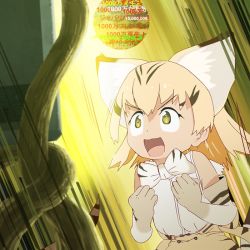 Rule 34 | &gt;:d, 10s, 2girls, :d, animal ears, bare shoulders, blonde hair, bow, bowtie, cat ears, elbow gloves, gloves, kemono friends, long hair, meta, multiple girls, danmaku comments, official art, open mouth, partially translated, sand cat (kemono friends), shirt, sleeveless, smile, surprised, tail, tatsuki (irodori), translation request, tsuchinoko (kemono friends), v-shaped eyebrows, white shirt