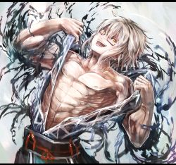 Rule 34 | 1boy, abs, bad id, bad pixiv id, belt, exploding clothes, glasses, highres, kusakanmuri, letterboxed, looking at viewer, male focus, mannosuke, morichika rinnosuke, muscular, open mouth, shirt, silver hair, solo, tearing clothes, torn clothes, torn shirt, touhou, yellow eyes