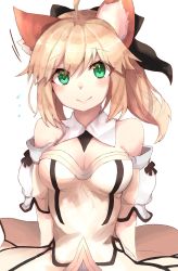 Rule 34 | 1girl, absurdres, ahoge, animal ears, arms at sides, artoria pendragon (all), artoria pendragon (fate), bad id, bad pixiv id, black bow, blonde hair, blush, bow, breasts, cleavage, closed mouth, detached collar, detached sleeves, dress, fate/grand order, fate/unlimited codes, fate (series), flying sweatdrops, fox ears, green eyes, hair between eyes, hair bow, highres, looking at viewer, medium breasts, ponytail, ranf, saber (fate), saber lily, sidelocks, simple background, smile, solo, upper body, white background, white dress