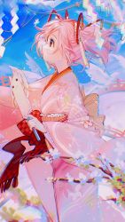Rule 34 | 1girl, animal, bird, branch, cameo, commentary, cowboy shot, from side, hagoita, hair ribbon, happy new year, highres, holding, holding paddle, japanese clothes, kaname madoka, kaname madoka (haregi ver.), kimono, kyubey, looking up, magia record: mahou shoujo madoka magica gaiden, magical girl, mahou shoujo madoka magica, new year, obi, obiage, objectification, paddle, pink eyes, pink hair, pink kimono, red ribbon, ribbon, rumoon, sash, shide, short hair, short twintails, solo, twintails, wide sleeves