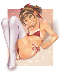 Rule 34 | 1girl, bikini, brown eyes, brown hair, commentary request, flat chest, full body, grey thighhighs, hair ribbon, halterneck, highres, looking at viewer, lying, medium hair, on back, original, ponytail, red bikini, red ribbon, ribbon, side-tie bikini bottom, smile, solo, swimsuit, tan, tanline, thighhighs, uzuki mei