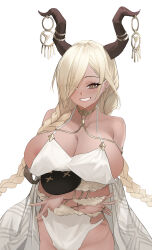 Rule 34 | 1girl, absurdres, areola slip, azur lane, braid, breasts, brown horns, cleavage, commentary, dark-skinned female, dark skin, grin, hair over one eye, highres, horn ornament, horns, huge breasts, kuroja, large horns, long hair, looking at viewer, low twin braids, mole, mole under mouth, official alternate costume, one-piece swimsuit, owari (azur lane), owari (shimmering forsythia) (azur lane), sheep, simple background, smile, solo, swimsuit, twin braids, very long hair, white background, white nails, white one-piece swimsuit, x x, yellow eyes