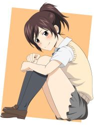 1girl ass black_eyes brown_hair closed_mouth female_focus highres katekyo_hitman_reborn! kh-fullhouse miura_haru ponytail school_uniform short_hair smile