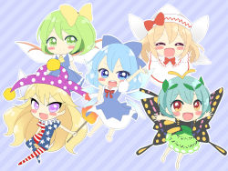 Rule 34 | 5girls, american flag dress, american flag legwear, antennae, aqua hair, barefoot, blonde hair, blue bow, blue dress, blue eyes, blue hair, blush stickers, bow, butterfly wings, capelet, cirno, closed eyes, closed mouth, clownpiece, collared shirt, daiyousei, detached wings, diagonal stripes, dress, eternity larva, fairy, fairy wings, full body, green dress, green eyes, green hair, hair between eyes, hair bow, hat, highres, holding, holding torch, ice, ice wings, insect wings, jester cap, leaf, leaf on head, lily white, long hair, long sleeves, multicolored clothes, multicolored dress, multiple girls, open mouth, orange eyes, ougi hina, outstretched arms, pantyhose, parody, polka dot headwear, puffy short sleeves, puffy sleeves, purple eyes, purple headwear, rilu rilu fairilu, round teeth, shirt, short hair, short sleeves, side ponytail, single strap, smile, spread arms, star (symbol), star print, striped background, striped clothes, striped dress, striped legwear, striped pantyhose, style parody, teeth, torch, touhou, upper teeth only, white capelet, white dress, white headwear, white shirt, wings