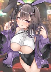 Rule 34 | 1girl, :3, alcohol, animal ears, azur lane, bar (place), bare shoulders, black hair, black leotard, blurry, blurry background, blush, bottle, breasts, cowboy shot, hair between eyes, hair ornament, highres, indoors, jacket, large breasts, leotard, liquor, long hair, long sleeves, looking at viewer, mutou mame, off shoulder, pamiat merkuria (azur lane), playboy bunny, purple jacket, rabbit ears, red eyes, simple background, smile, solo, thighs, underboob, white background