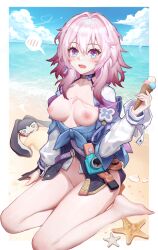 Rule 34 | 1girl, @ @, barefoot, beach, blue eyes, blue sky, blush, bottomless, breasts, breasts out, camera, cleft of venus, cloud, commentary request, day, feet, fingerless gloves, food, gloves, hair between eyes, highres, holding, holding food, holding ice cream, honkai: star rail, honkai (series), ice cream, jacket, long hair, long sleeves, looking at viewer, march 7th (honkai: star rail), medium breasts, multicolored eyes, nipples, open mouth, outdoors, pink hair, pom-pom (honkai: star rail), purple eyes, pussy, pussy peek, revision, sand, shirt, single fingerless glove, sitting, sky, spoken blush, starfish, tied jacket, wangzili shitoumen, water, white shirt