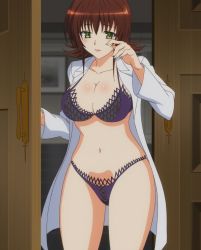 Rule 34 | 1girl, blush, bra, breasts, cleavage, door, green eyes, lab coat, large breasts, lingerie, mikado ryouko, panties, purple bra, purple panties, purple thong, screencap, see-through, solo, stitched, third-party edit, thong, to love-ru, underwear