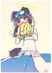Rule 34 | 1girl, animal ears, black hair, blue archive, blush, cheerleader, crop top, dog ears, dog girl, dog tail, eyewear on head, goggles, goggles on head, grey eyes, halo, heavy breathing, hibiki (blue archive), hibiki (cheer squad) (blue archive), holding, holding pom poms, long hair, millennium cheerleader outfit (blue archive), navel, nose blush, official alternate costume, pom pom (cheerleading), pom poms, simple background, skirt, solo, straddling, tail, white skirt, yellow halo, yoru nai