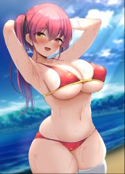 Rule 34 | 1girl, :d, armpits, arms up, bikini, black ribbon, blue sky, blurry, blurry background, blush, breasts, cloud, curvy, gold trim, hair between eyes, hair ribbon, heterochromia, highres, hololive, houshou marine, houshou marine (summer), large breasts, looking at viewer, navel, noah12, open mouth, red bikini, red eyes, red hair, ribbon, skindentation, sky, smile, solo, stomach, swimsuit, thick thighs, thighhighs, thighs, twintails, virtual youtuber, wet, white thighhighs, yellow eyes