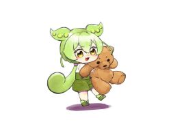 Rule 34 | 1girl, blush, commentary, full body, green footwear, green hair, green shorts, hair between eyes, high-waist shorts, hugging object, long hair, mini person, minigirl, open mouth, ponytail, puffy shorts, shoes, shorts, simple background, smile, solo, stuffed animal, stuffed toy, teddy bear, very long hair, voiceroid, white background, yellow eyes, zundagamingpro, zundamon