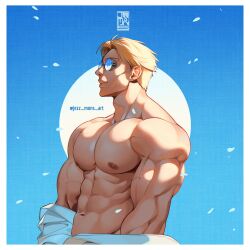 Rule 34 | 1boy, abs, artist name, bara, blonde hair, closed mouth, goggles, highres, jezz mons art, jujutsu kaisen, large pectorals, male focus, muscular, muscular male, nanami kento, navel, nipples, open clothes, open shirt, pectorals, shirt, short hair, solo, twitter username, upper body, white shirt