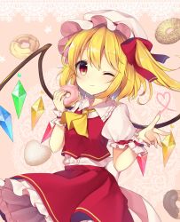 Rule 34 | 1girl, ;), absurdres, ascot, blonde hair, blush, bow, breasts, buttons, center frills, closed mouth, commentary request, crystal, dot nose, doughnut, eyelashes, fingernails, flandre scarlet, food, frilled shirt collar, frilled skirt, frills, hat, hat ribbon, heart, heart of string, highres, holding, holding food, looking at viewer, mob cap, multicolored wings, one eye closed, one side up, petticoat, pink background, puffy short sleeves, puffy sleeves, red eyes, red ribbon, red skirt, red vest, ribbon, ruhika, shirt, short hair, short hair with long locks, short sleeves, side ponytail, simple background, skirt, small breasts, smile, solo, sparkle, standing, touhou, upper body, vest, white hat, white shirt, wings, wrist cuffs, yellow ascot