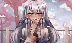 Rule 34 | 1girl, absurdres, bare shoulders, cherry blossoms, commentary, dress, eine (eine dx), eyeshadow, fire emblem, fire emblem: three houses, hand up, highres, jewelry, long hair, long sleeves, lysithea von ordelia, makeup, nail polish, nintendo, off-shoulder dress, off shoulder, open mouth, pink eyes, purple nails, railing, ring, silver hair, solo, tree, upper body